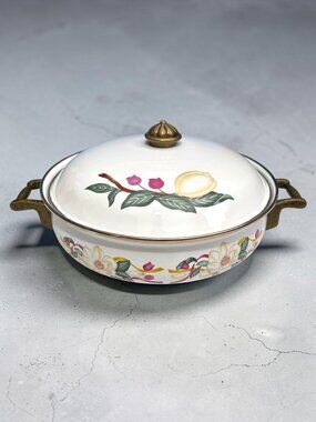 Vintage Floral Ceramic Casserole Dish With Lid & Brass Handles Hand-Painted Desi
